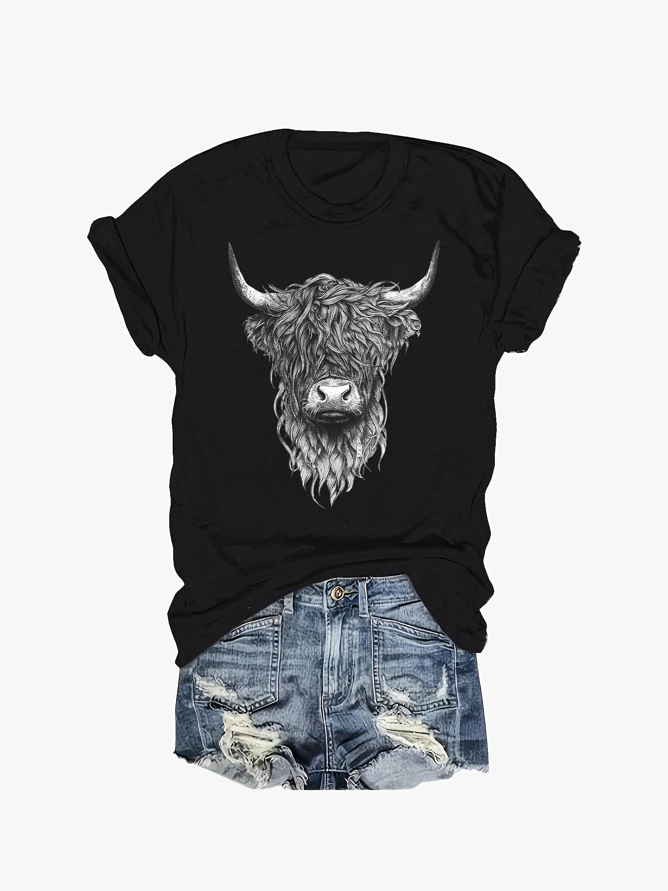 Millie - Cow Head Print T-shirt with Short Sleeve and Crew Neck for Women