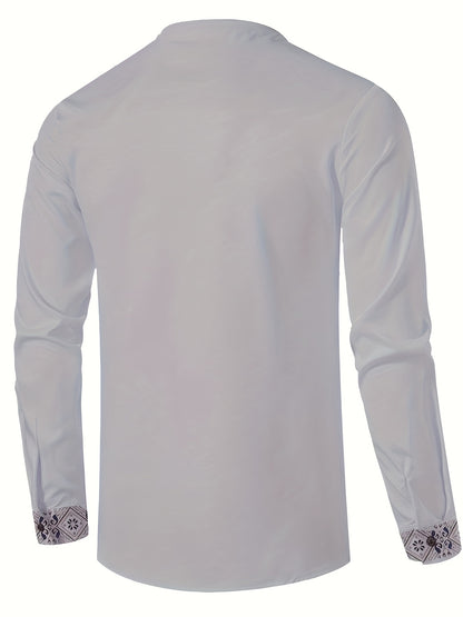 Zander - Long Sleeve Henley Shirt with Ethnic Style Trendy Geometric Pattern for Men