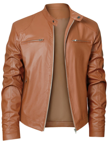 Samuel - Leather Jacket with Zipper and Small Stand Collar for Men