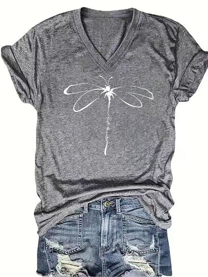 Amelia - Casual T-Shirt with Dragonfly Print and V Neck for Women