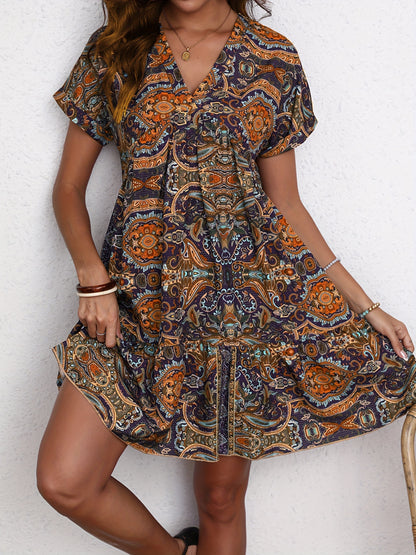 Lyra - Vintage V neck Dress with Tribal Allover Print and Loose Fit for Women