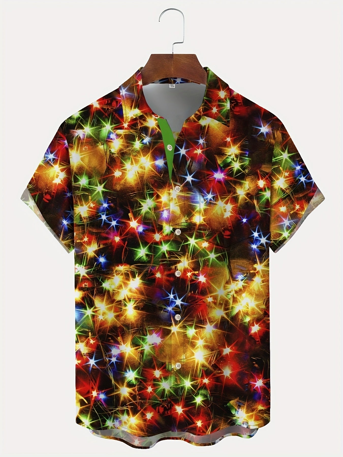 Levi - Short Sleeve Shirt with Button Up and Christmas Themed Colorful Lights Print for Men