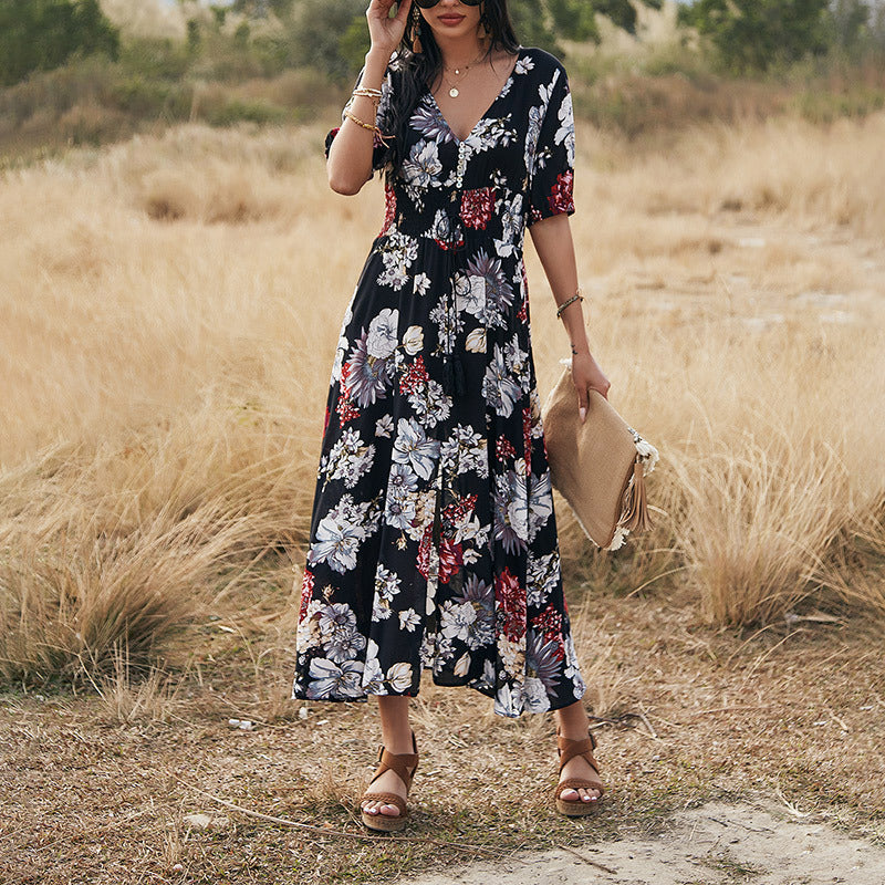 Katie – Floral Summer Beach Dress with V-Neck and Elastic Waist