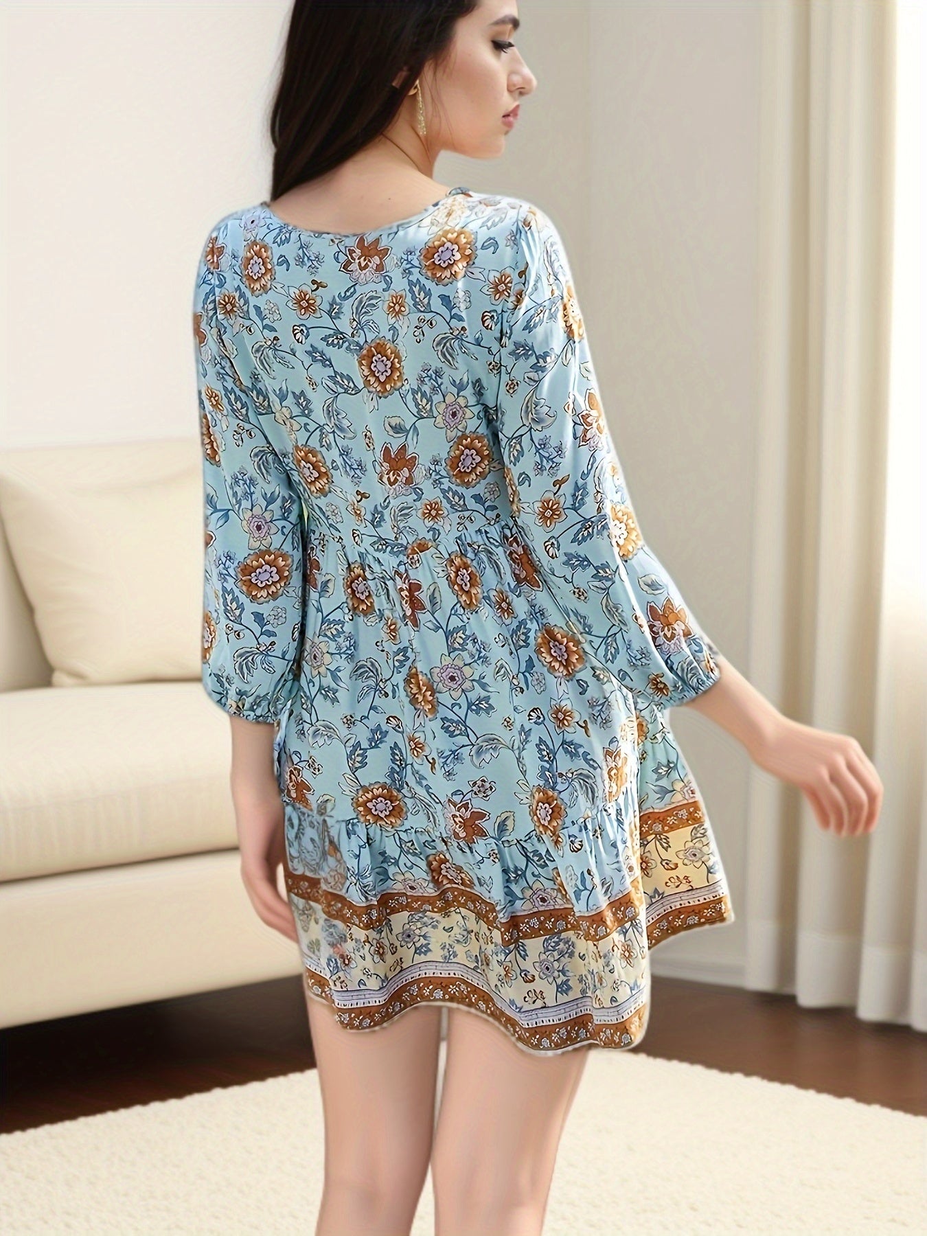 Catherine - Boho Mini Dress with Long Sleeve and V Neck for Women