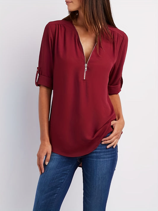 Juliana - Casual Ruched Blouse with Rollable Sleeve and Half Zip for Women