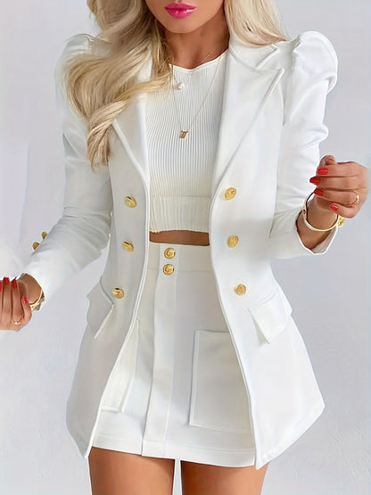 Dawn – Elegant Solid Long Sleeve Blazer & Mini Skirt Set