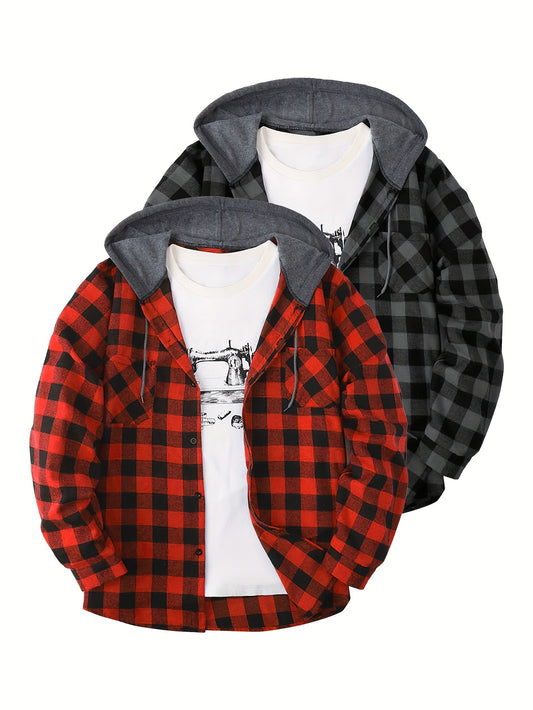 Harper - 2pcs Set Plaid Pattern Hooded Jacket  with Long Sleeve Button Up and Pockets for Men