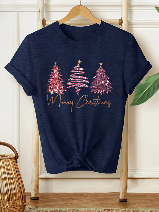 Elsie - Chic T-Shirt with Christmas Glitter Tree Print Graphic for Women