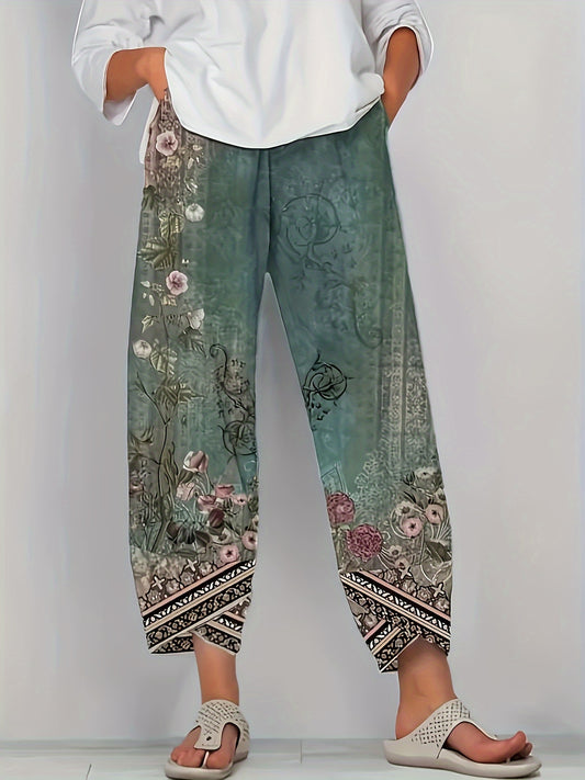 Marley - Floral Print Straight Leg Pants with Elastic Waist and Asymmetric Hem for Women