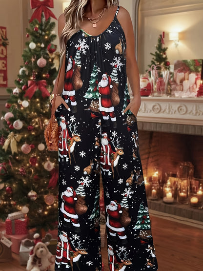 Karina - Jumpsuit with Festive Santa and Reindeer Print for Women