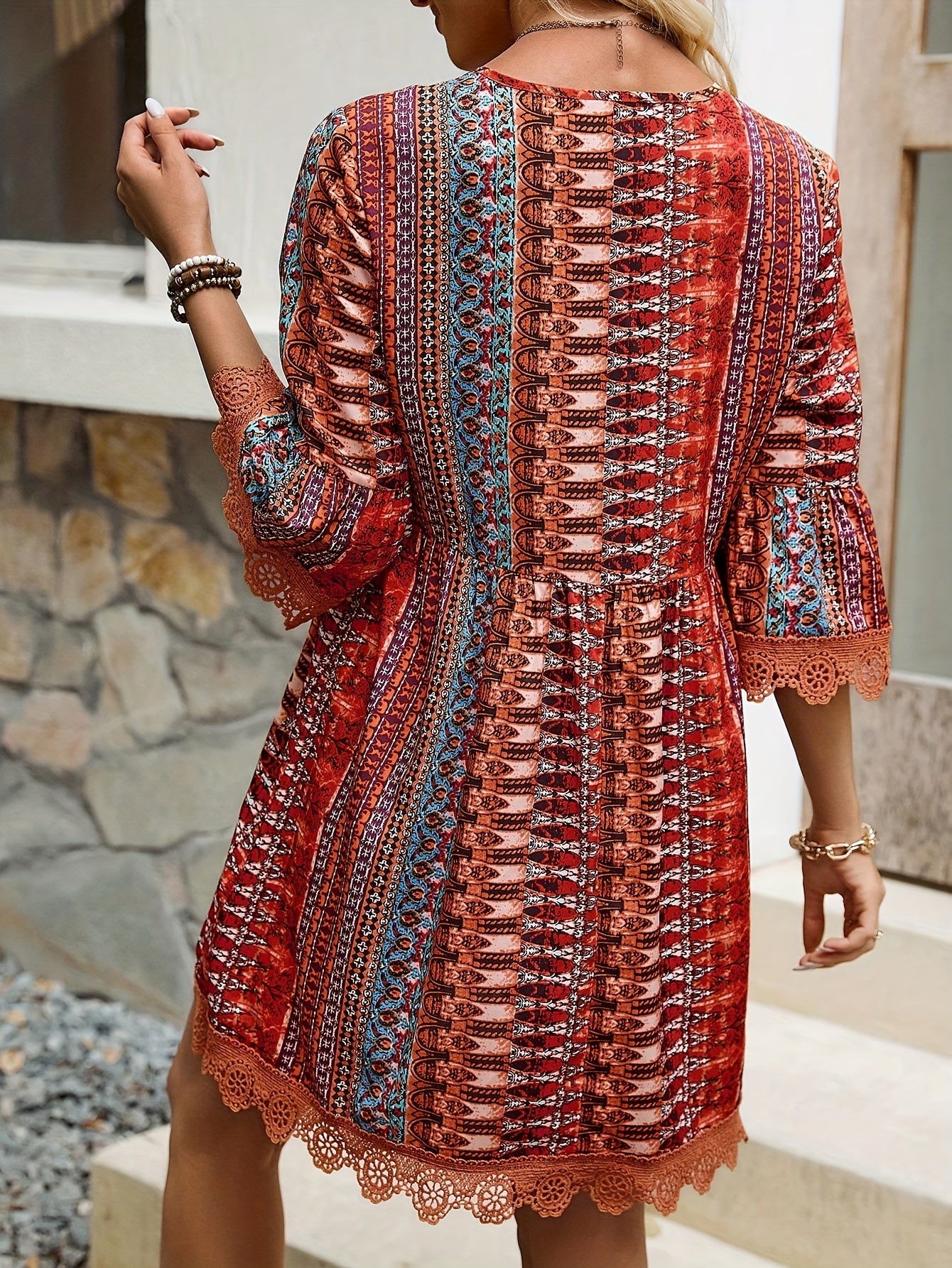 Taylor - V-neck Dress with Ethnic Striped Print for Women