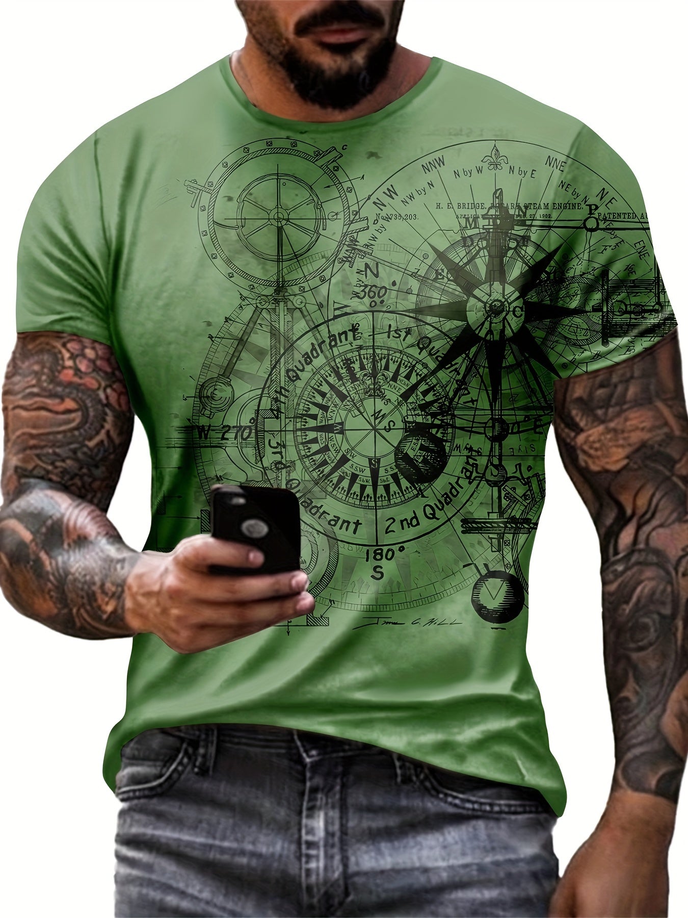 Ethan - Retro T-Shirt with Sketch Style Compass Graphic Pattern for Men