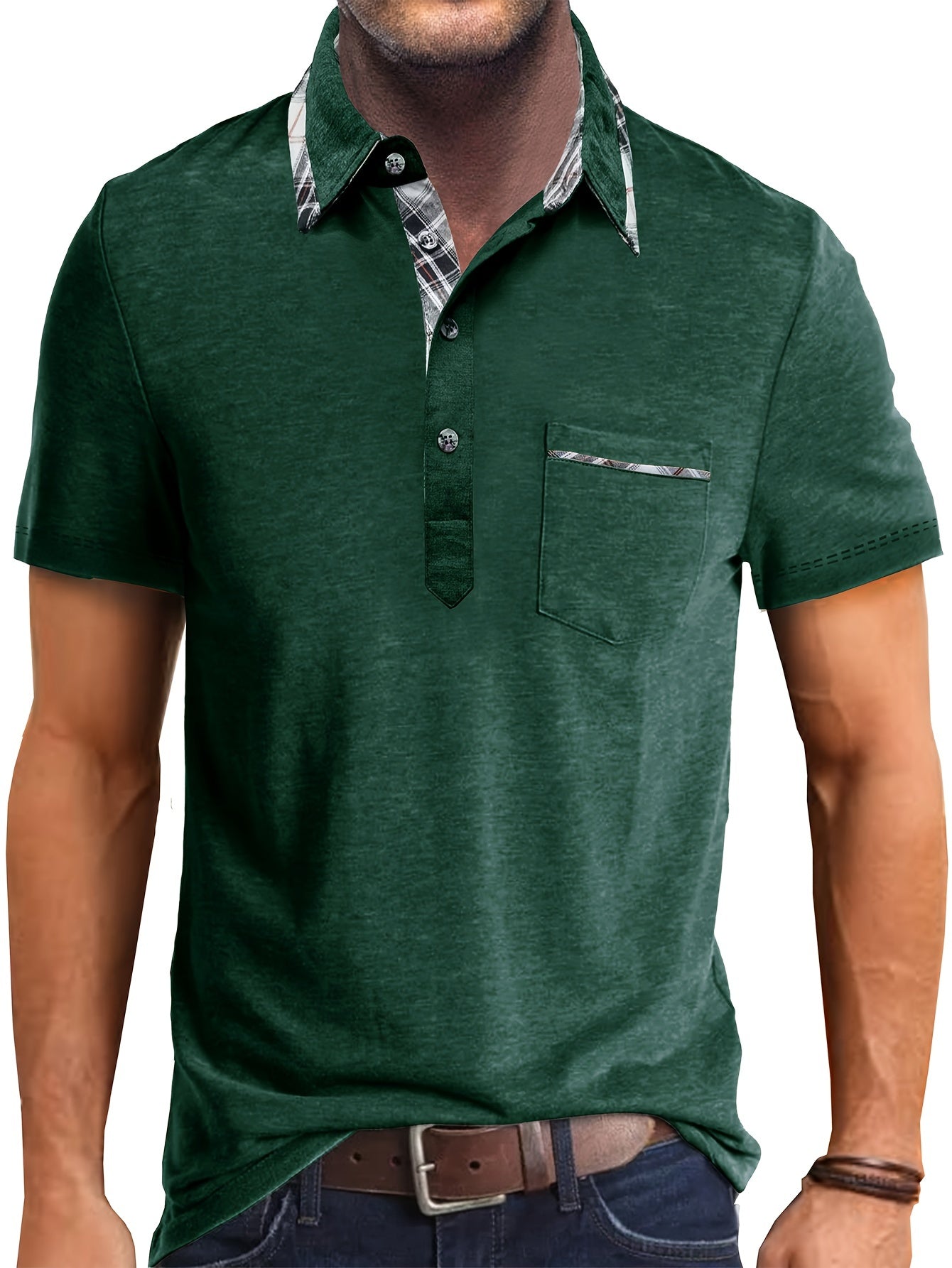 Jordan - Casual Henley Shirt with Plaid Pattern Lapel for Men