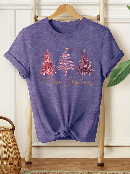 Elsie - Chic T-Shirt with Christmas Glitter Tree Print Graphic for Women