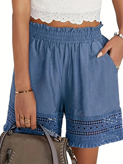 Matilda - Lace Trim Shorts with Elastic Waist and Slant Pocket for Women