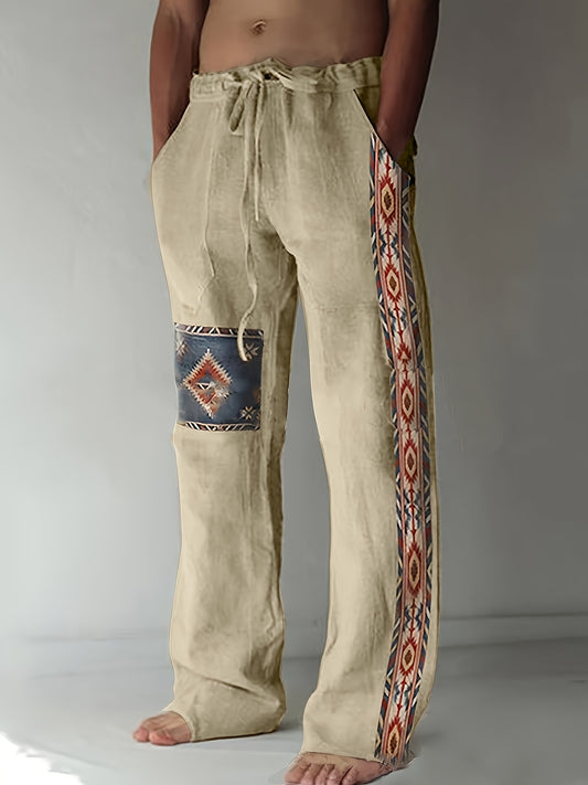 Jose - Stylish Loose Cotton Blend Pants with Geometric Pattern and Pockets for Men