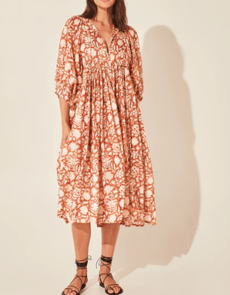 Susan - Floral Print V-Neck Dress with Lantern Sleeve for Women